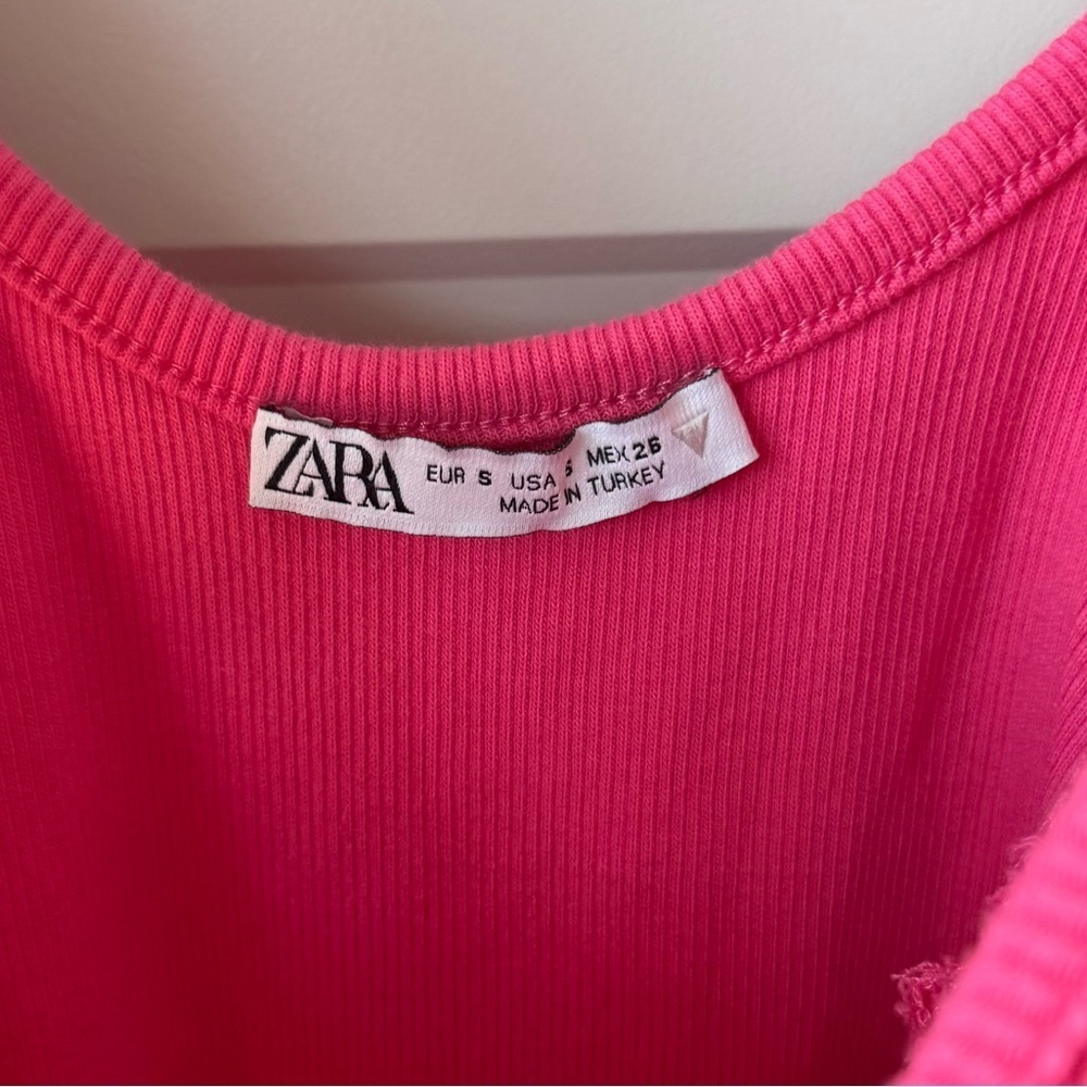 Zara Women’s Hot Pink Ribbed knit Poplin Ruffle Bodysuit Size Small - Picture 8 of 9